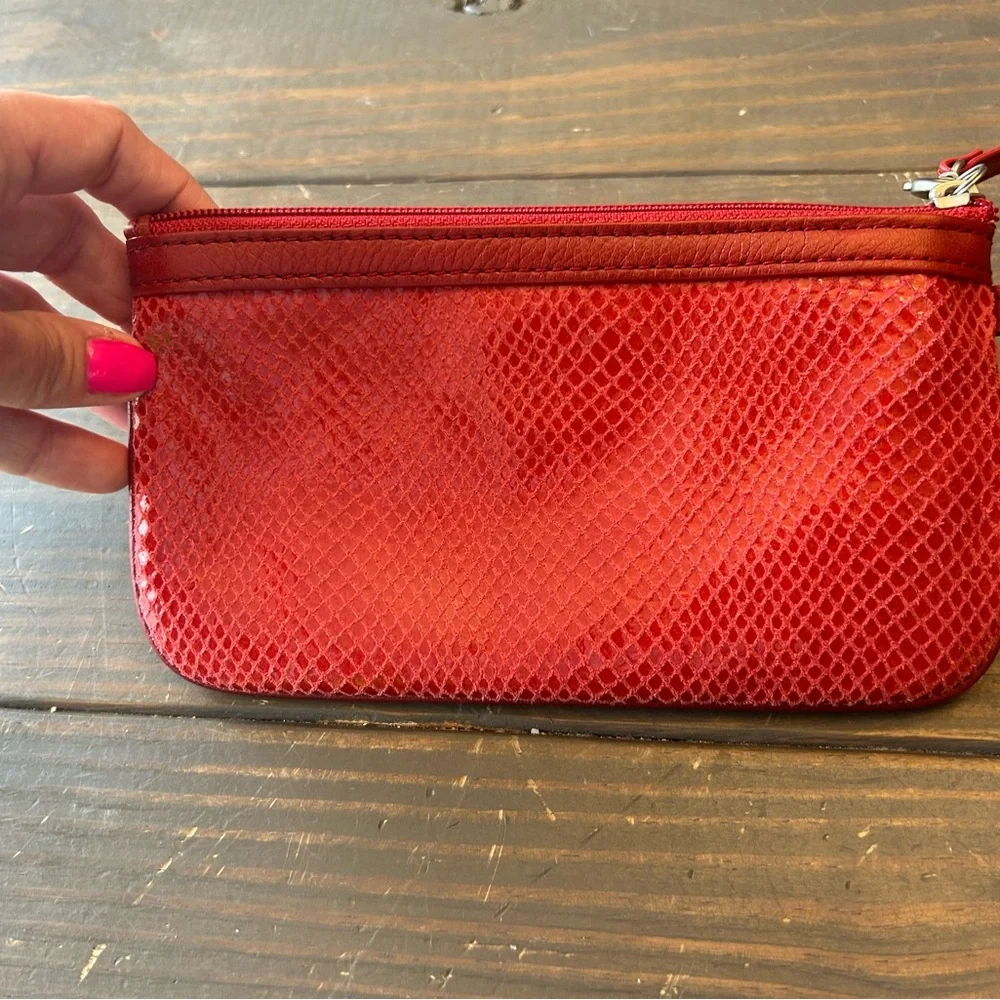 Fossil Red Suede Snakeskin‎ Wristlet Purse Wallet Zip Around Credit Card